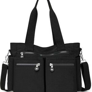Comfortable Black Crossbody Tote Bag with Adjustable Straps & Zippered Pockets